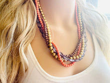 Load image into Gallery viewer, 4 Strand beaded Statement Chunky Necklace, casual necklace, Traveler wood brown coral necklace, gray smoke beaded jewelry thick bib