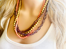 Load image into Gallery viewer, 4 Strand beaded Statement Chunky Necklace, casual necklace, Traveler wood brown coral necklace, gray smoke beaded jewelry thick bib
