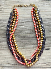 Load image into Gallery viewer, 4 Strand beaded Statement Chunky Necklace, casual necklace, Traveler wood brown coral necklace, gray smoke beaded jewelry thick bib