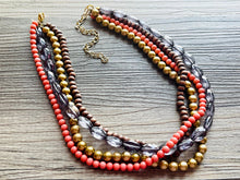 Load image into Gallery viewer, 4 Strand beaded Statement Chunky Necklace, casual necklace, Traveler wood brown coral necklace, gray smoke beaded jewelry thick bib
