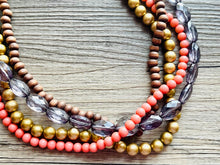Load image into Gallery viewer, 4 Strand beaded Statement Chunky Necklace, casual necklace, Traveler wood brown coral necklace, gray smoke beaded jewelry thick bib