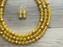 Load image into Gallery viewer, Gold Glitter Statement Necklace, Chunky three Strand Jewelry, gold necklace, COLOR BLOCK, bib necklace, resin beaded gold earrings