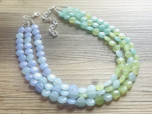 Load image into Gallery viewer, Rainforest Island Sunset Beaded Statement Necklace, beaded jewelry, earrings chunky bib 3 strand lime emerald periwinkle sky blue collar