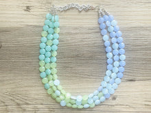 Load image into Gallery viewer, Rainforest Island Sunset Beaded Statement Necklace, beaded jewelry, earrings chunky bib 3 strand lime emerald periwinkle sky blue collar