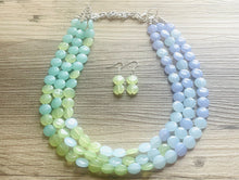 Load image into Gallery viewer, Rainforest Island Sunset Beaded Statement Necklace, beaded jewelry, earrings chunky bib 3 strand lime emerald periwinkle sky blue collar