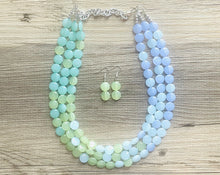 Load image into Gallery viewer, Rainforest Island Sunset Beaded Statement Necklace, beaded jewelry, earrings chunky bib 3 strand lime emerald periwinkle sky blue collar