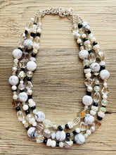 Load image into Gallery viewer, Eve’s Pearl Beaded Necklace, thick beaded cream wedding, chunky necklace resin white black shimmer necklace, 3 layer statement necklace