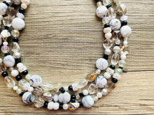 Load image into Gallery viewer, Eve’s Pearl Beaded Necklace, thick beaded cream wedding, chunky necklace resin white black shimmer necklace, 3 layer statement necklace