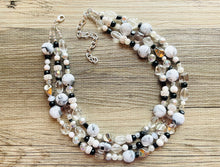 Load image into Gallery viewer, Eve’s Pearl Beaded Necklace, thick beaded cream wedding, chunky necklace resin white black shimmer necklace, 3 layer statement necklace