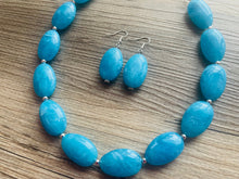 Load image into Gallery viewer, Chunky Caribbean Blue Statement Necklace & earring set jewelry, blue bib necklace, geometric necklace single strand aqua teal sky beaded