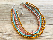 Load image into Gallery viewer, 6 Strand beaded Statement Chunky Necklace, casual necklace, Traveler wood brown turquoise necklace, coral beaded jewelry thick bib