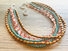 Load image into Gallery viewer, 6 Strand beaded Statement Chunky Necklace, casual necklace, Traveler wood brown turquoise necklace, coral beaded jewelry thick bib