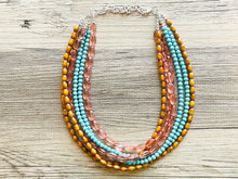 Load image into Gallery viewer, 6 Strand beaded Statement Chunky Necklace, casual necklace, Traveler wood brown turquoise necklace, coral beaded jewelry thick bib