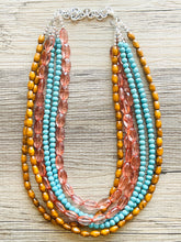 Load image into Gallery viewer, 6 Strand beaded Statement Chunky Necklace, casual necklace, Traveler wood brown turquoise necklace, coral beaded jewelry thick bib
