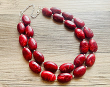 Load image into Gallery viewer, Deep Red Chunky Statement Necklace, Big beaded jewelry, double strand Statement Necklace, chunky red bib jewelry earrings