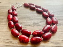 Load image into Gallery viewer, Deep Red Chunky Statement Necklace, Big beaded jewelry, double strand Statement Necklace, chunky red bib jewelry earrings