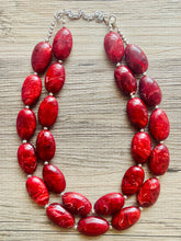 Load image into Gallery viewer, Deep Red Chunky Statement Necklace, Big beaded jewelry, double strand Statement Necklace, chunky red bib jewelry earrings