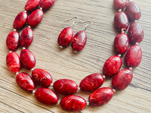 Load image into Gallery viewer, Deep Red Chunky Statement Necklace, Big beaded jewelry, double strand Statement Necklace, chunky red bib jewelry earrings