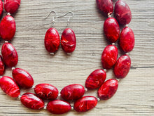 Load image into Gallery viewer, Deep Red Chunky Statement Necklace, Big beaded jewelry, double strand Statement Necklace, chunky red bib jewelry earrings