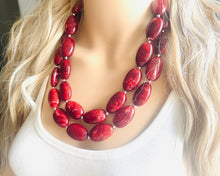 Load image into Gallery viewer, Deep Red Chunky Statement Necklace, Big beaded jewelry, double strand Statement Necklace, chunky red bib jewelry earrings