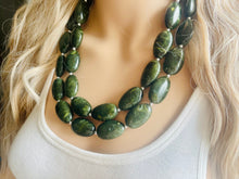 Load image into Gallery viewer, Olive Green Chunky Statement Necklace, Big beaded jewelry, Double Strand Statement Necklace, Bib necklace, green bridesmaid fall wedding