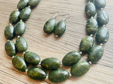 Load image into Gallery viewer, Olive Green Chunky Statement Necklace, Big beaded jewelry, Double Strand Statement Necklace, Bib necklace, green bridesmaid fall wedding