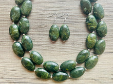 Load image into Gallery viewer, Olive Green Chunky Statement Necklace, Big beaded jewelry, Double Strand Statement Necklace, Bib necklace, green bridesmaid fall wedding