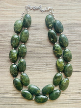 Load image into Gallery viewer, Olive Green Chunky Statement Necklace, Big beaded jewelry, Double Strand Statement Necklace, Bib necklace, green bridesmaid fall wedding