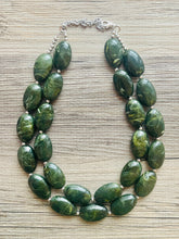 Load image into Gallery viewer, Olive Green Chunky Statement Necklace, Big beaded jewelry, Double Strand Statement Necklace, Bib necklace, green bridesmaid fall wedding