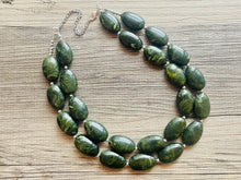 Load image into Gallery viewer, Olive Green Chunky Statement Necklace, Big beaded jewelry, Double Strand Statement Necklace, Bib necklace, green bridesmaid fall wedding