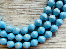 Load image into Gallery viewer, Aqua Blue 3 Strand Statement Necklace, Chunky light blue & Gold clay Beaded Bib Jewelry, blue jewelry, baby blue jewlery necklace