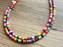 Load image into Gallery viewer, Rainbow Statement Necklace, candy chunky single strand jewelry, yellow red green sky blue necklace, 2 strand silver necklace colorful