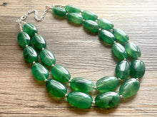 Load image into Gallery viewer, Jalapeño green Statement Necklace & Earrings, emerald green jewelry set, dark deep green bib chunky necklace forest resin beaded silver