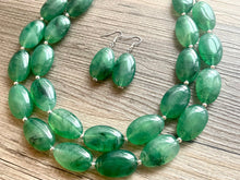 Load image into Gallery viewer, Jalapeño green Statement Necklace & Earrings, emerald green jewelry set, dark deep green bib chunky necklace forest resin beaded silver