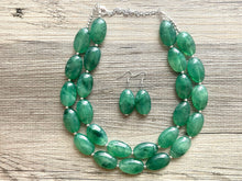 Load image into Gallery viewer, Jalapeño green Statement Necklace & Earrings, emerald green jewelry set, dark deep green bib chunky necklace forest resin beaded silver