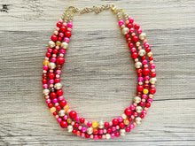 Load image into Gallery viewer, Glowing Campfire Necklace, Triple Layer Statement Jewelry, autumn Statement Necklace, deep orange Wedding Bridesmaid Jewelry gold red pink