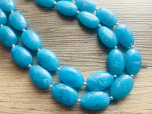Load image into Gallery viewer, Caribbean Blue 2 strand Beaded Statement Necklace, Chunky Bib Multi-Strand Jewelry, blue drop earrings, neutral necklace turquoise aqua