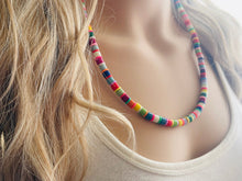 Load image into Gallery viewer, Rainbow Statement Necklace, candy chunky single strand jewelry, yellow red green sky blue necklace, single strand silver necklace colorful