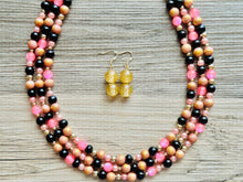 Load image into Gallery viewer, Pink Black & Gold Statement Necklace, 3 Strand Beaded Jewelry, black and gold jewelry, bridsmaid wedding necklace, blush hot pink necklace