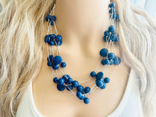 Load image into Gallery viewer, Dark Blue & Silver Chunky Statement Jewelry Set, Big beaded vintage, 6 Strand Illusion Statement Necklace, Bib blue bridesmaid wedding