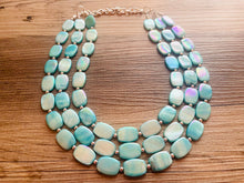 Load image into Gallery viewer, Shell Aqua Light 3 strand Beaded Statement Necklace, Chunky Bib swirls Blue Multi-Strand Jewelry, blue drop earrings, neutral necklace