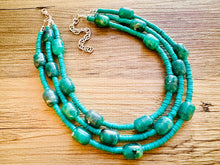 Load image into Gallery viewer, Emerald Green statement necklace, chunky green necklace, 3 strand necklace beaded jewelry everyday necklace COLORBLOCK beaded