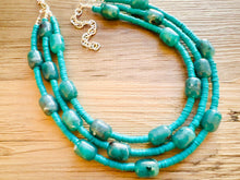 Load image into Gallery viewer, Emerald Green statement necklace, chunky green necklace, 3 strand necklace beaded jewelry everyday necklace COLORBLOCK beaded