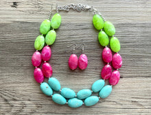 Load image into Gallery viewer, Color Block Double Statement Necklace, Chunky Jewelry Big Beaded Necklace, emerald green teal pink lime Necklace, bead bubble earrings