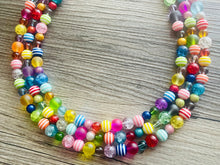 Load image into Gallery viewer, Rainbow Quilt Statement Necklace, rainbow pastel striped extra Chunky Jewelry silver beads 3 strand colorful, art deco bib thick