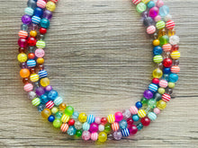 Load image into Gallery viewer, Rainbow Quilt Statement Necklace, rainbow pastel striped extra Chunky Jewelry silver beads 3 strand colorful, art deco bib thick