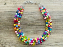 Load image into Gallery viewer, Rainbow Quilt Statement Necklace, rainbow pastel striped extra Chunky Jewelry silver beads 3 strand colorful, art deco bib thick