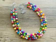Load image into Gallery viewer, Rainbow Quilt Statement Necklace, rainbow pastel striped extra Chunky Jewelry silver beads 3 strand colorful, art deco bib thick