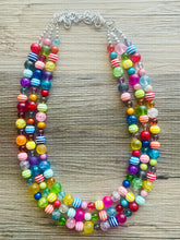 Load image into Gallery viewer, Rainbow Quilt Statement Necklace, rainbow pastel striped extra Chunky Jewelry silver beads 3 strand colorful, art deco bib thick