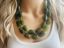 Load image into Gallery viewer, Army Green Chunky Statement Necklace, Big beaded jewelry, Double Strand Statement Necklace, Bib necklace, green bridesmaid wedding camo